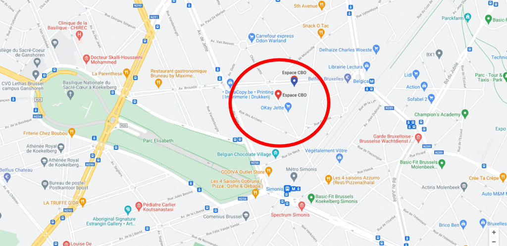 Plan d'accès à l'espace CBO de Jette situé entre les stations de métro Simonis et Belgica