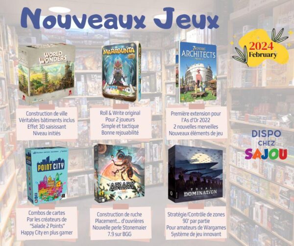 nouveaux jeux de février 2024: World Wonders, Marabunta, 7 Wonders Architects extension Medals, Point City, Apiary et Total Domination.